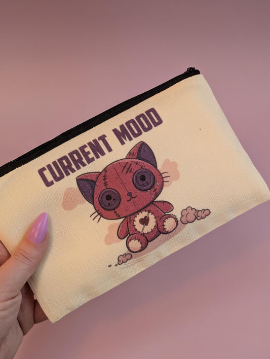 Current Mood Crying Tattered Cat Teddy Zip Pouch – Quirky, Relatable Pencil Case or Makeup Bag