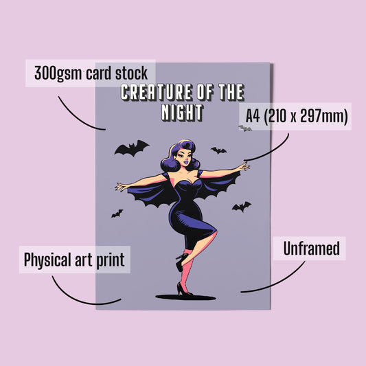 Gothic Pinup A4 Art Print “Creature of the night” – Alt Vintage Pinup Wall Art