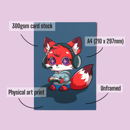 Kawaii Fox Gamer A4 Art Print - Gaming Wall Art – Cute Fox Wall Art