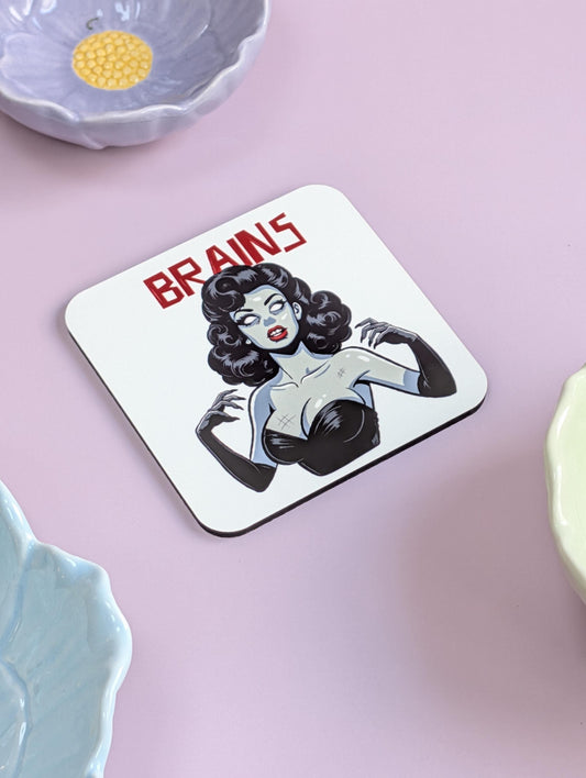Zombie Pinup BRAINS Coaster – Retro Horror Meets Quirky Pinup Style